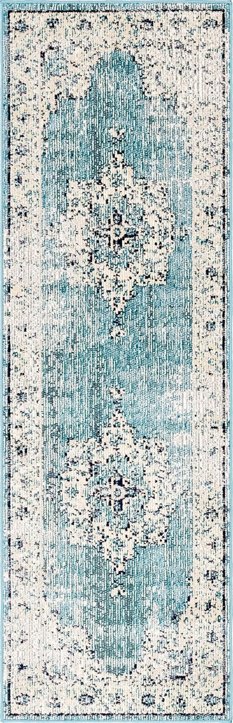 Turquoise 2' 2 x 6' Charm Runner Area Rug 100% Polypropylene With Jute Backing Traditional Vintage Distressed Look Carpet for Living Rooms Dining Office Space for Sale at Rug Engine