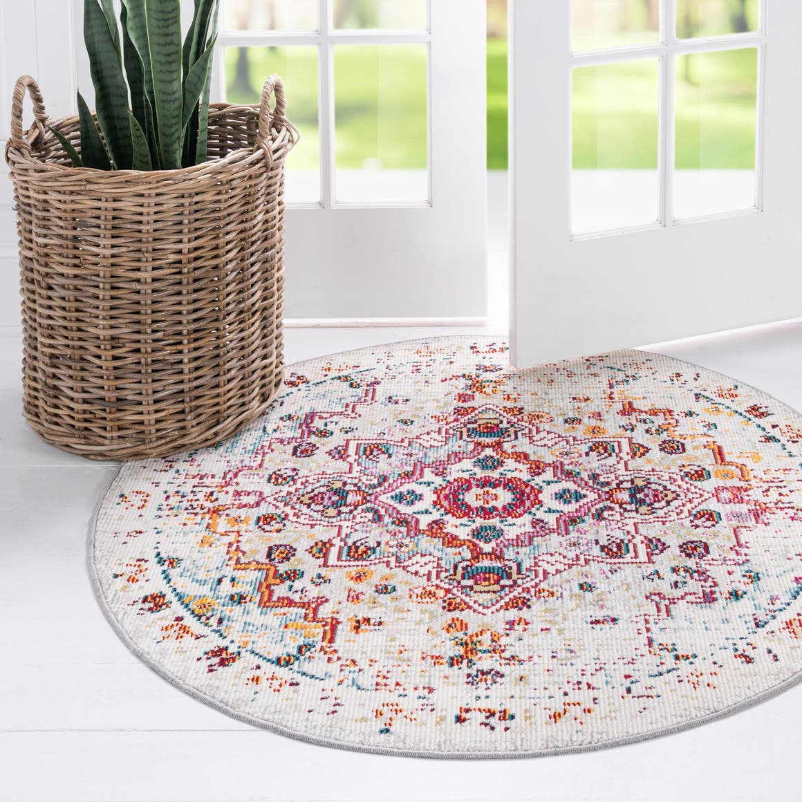 Beige 4' 1 x 4' 1 Charm Round Area Rug 100% Polypropylene With Jute Backing Traditional Vintage Distressed Look Carpet for Living Rooms Dining Office Space for Sale at Rug Engine