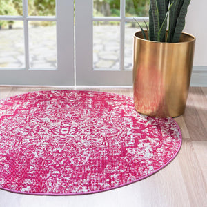 Pink 4' 1 x 4' 1 Charm Round Area Rug 100% Polypropylene With Jute Backing Traditional Vintage Distressed Look Carpet for Living Rooms Dining Office Space for Sale at Rug Engine