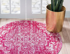 Pink 4' 1 x 4' 1 Charm Round Area Rug 100% Polypropylene With Jute Backing Traditional Vintage Distressed Look Carpet for Living Rooms Dining Office Space for Sale at Rug Engine