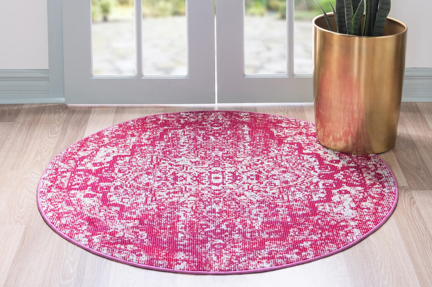 Pink 4' 1 x 4' 1 Charm Round Area Rug 100% Polypropylene With Jute Backing Traditional Vintage Distressed Look Carpet for Living Rooms Dining Office Space for Sale at Rug Engine