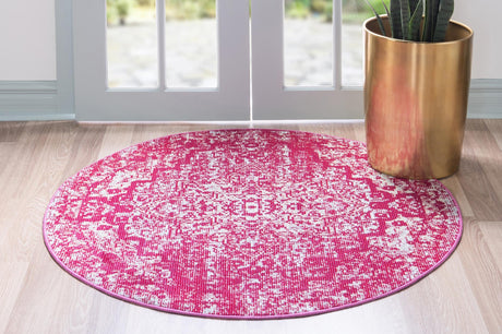 Pink 4' 1 x 4' 1 Charm Round Area Rug 100% Polypropylene With Jute Backing Traditional Vintage Distressed Look Carpet for Living Rooms Dining Office Space for Sale at Rug Engine