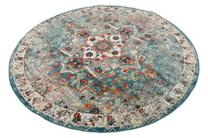 Turquoise 7' x 7' Charm Round Area Rug 100% Polypropylene With Jute Backing Traditional Vintage Distressed Look Carpet for Living Rooms Dining Office Space for Sale at Rug Engine