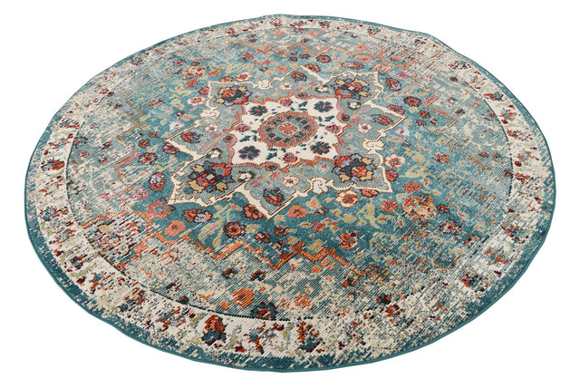 Turquoise 7' x 7' Charm Round Area Rug 100% Polypropylene With Jute Backing Traditional Vintage Distressed Look Carpet for Living Rooms Dining Office Space for Sale at Rug Engine