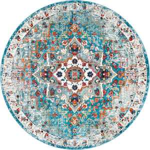 Turquoise 7' x 7' Charm Round Area Rug 100% Polypropylene With Jute Backing Traditional Vintage Distressed Look Carpet for Living Rooms Dining Office Space for Sale at Rug Engine