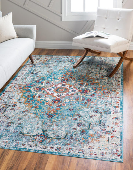 Turquoise 4' 1 x 6' 1 Charm Rectangle Area Rug 100% Polypropylene With Jute Backing Traditional Vintage Distressed Look Carpet for Living Rooms Dining Office Space for Sale at Rug Engine