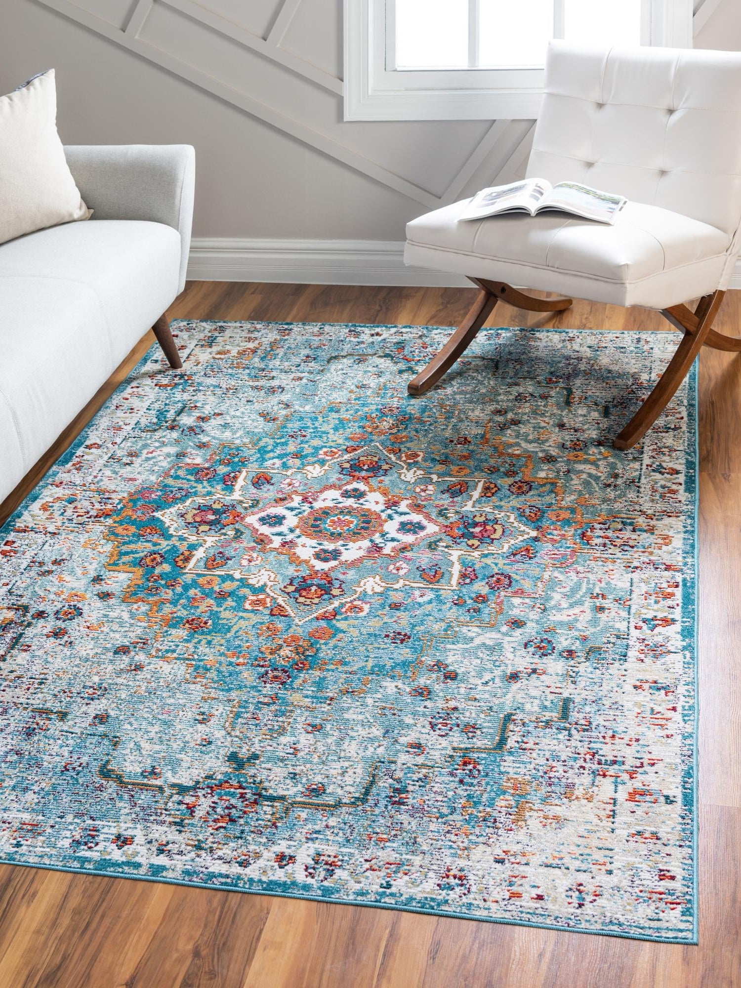 Turquoise 5' 1 x 8' Charm Rectangle Area Rug 100% Polypropylene With Jute Backing Traditional Vintage Distressed Look Carpet for Living Rooms Dining Office Space for Sale at Rug Engine