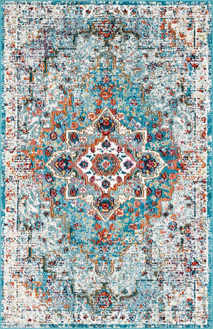 Turquoise 4' 1 x 6' 1 Charm Rectangle Area Rug 100% Polypropylene With Jute Backing Traditional Vintage Distressed Look Carpet for Living Rooms Dining Office Space for Sale at Rug Engine