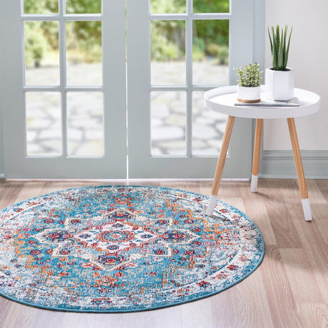 Turquoise 4' 1 x 4' 1 Charm Round Area Rug 100% Polypropylene With Jute Backing Traditional Vintage Distressed Look Carpet for Living Rooms Dining Office Space for Sale at Rug Engine