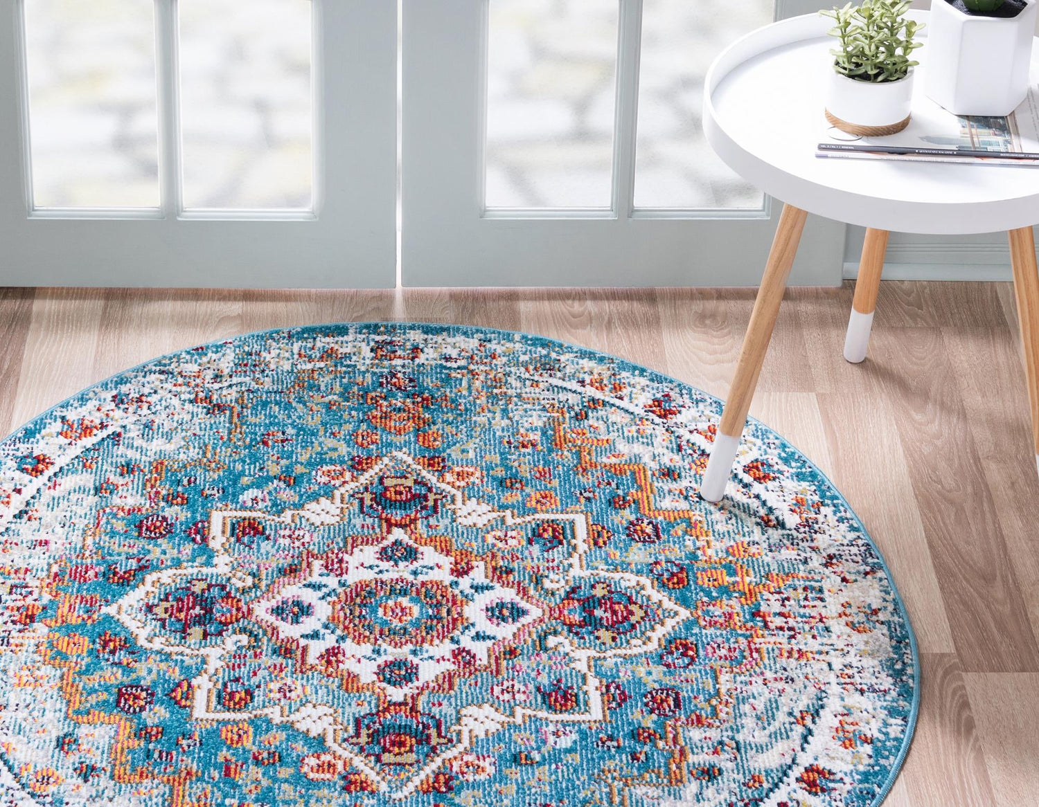 Turquoise 4' 1 x 4' 1 Charm Round Area Rug 100% Polypropylene With Jute Backing Traditional Vintage Distressed Look Carpet for Living Rooms Dining Office Space for Sale at Rug Engine
