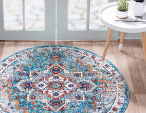 Turquoise 5' 3 x 5' 3 Charm Round Area Rug 100% Polypropylene With Jute Backing Traditional Vintage Distressed Look Carpet for Living Rooms Dining Office Space for Sale at Rug Engine
