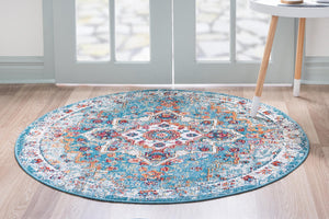 Turquoise 4' 1 x 4' 1 Charm Round Area Rug 100% Polypropylene With Jute Backing Traditional Vintage Distressed Look Carpet for Living Rooms Dining Office Space for Sale at Rug Engine