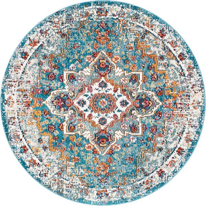 Turquoise 4' 1 x 4' 1 Charm Round Area Rug 100% Polypropylene With Jute Backing Traditional Vintage Distressed Look Carpet for Living Rooms Dining Office Space for Sale at Rug Engine
