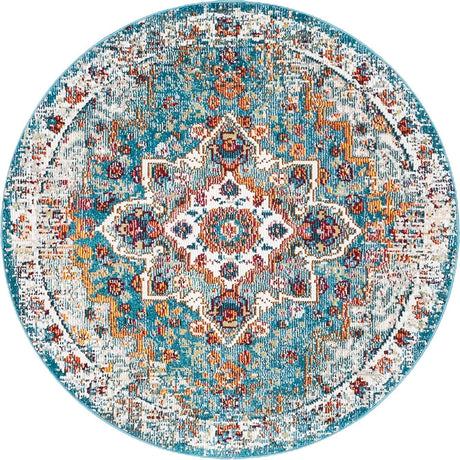 Turquoise 4' 1 x 4' 1 Charm Round Area Rug 100% Polypropylene With Jute Backing Traditional Vintage Distressed Look Carpet for Living Rooms Dining Office Space for Sale at Rug Engine