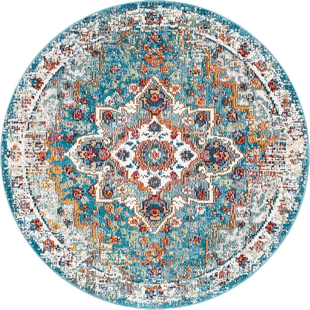 Turquoise 4' 1 x 4' 1 Charm Round Area Rug 100% Polypropylene With Jute Backing Traditional Vintage Distressed Look Carpet for Living Rooms Dining Office Space for Sale at Rug Engine