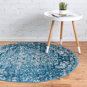 Navy Blue 4' 1 x 4' 1 Charm Round Area Rug 100% Polypropylene With Jute Backing Traditional Vintage Distressed Look Carpet for Living Rooms Dining Office Space for Sale at Rug Engine