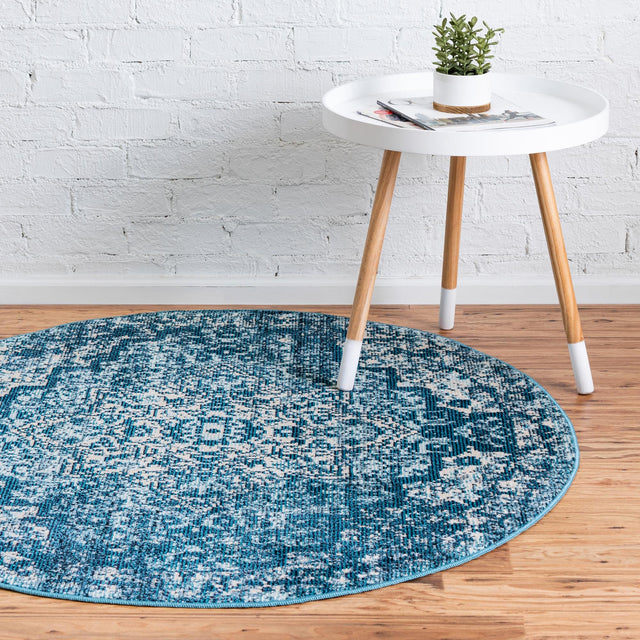 Navy Blue 4' 1 x 4' 1 Charm Round Area Rug 100% Polypropylene With Jute Backing Traditional Vintage Distressed Look Carpet for Living Rooms Dining Office Space for Sale at Rug Engine