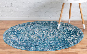 Navy Blue 4' 1 x 4' 1 Charm Round Area Rug 100% Polypropylene With Jute Backing Traditional Vintage Distressed Look Carpet for Living Rooms Dining Office Space for Sale at Rug Engine