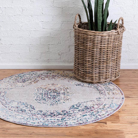 Gray 7' 1 x 7' 1 Charm Round Area Rug 100% Polypropylene With Jute Backing Traditional Vintage Distressed Look Carpet for Living Rooms Dining Office Space for Sale at Rug Engine