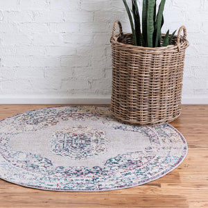 Gray 4' 1 x 4' 1 Charm Round Area Rug 100% Polypropylene With Jute Backing Traditional Vintage Distressed Look Carpet for Living Rooms Dining Office Space for Sale at Rug Engine