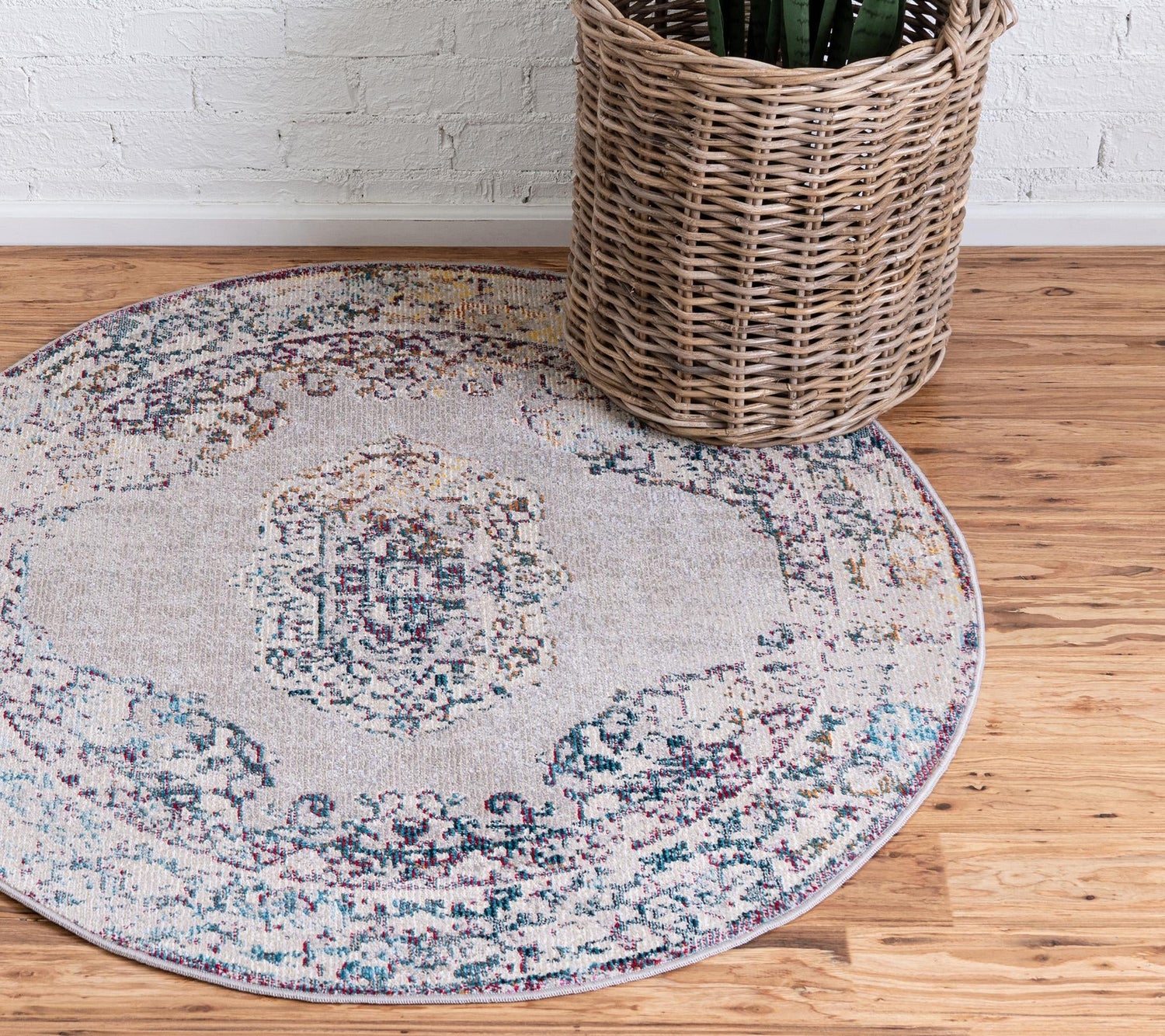 Gray 7' 1 x 7' 1 Charm Round Area Rug 100% Polypropylene With Jute Backing Traditional Vintage Distressed Look Carpet for Living Rooms Dining Office Space for Sale at Rug Engine