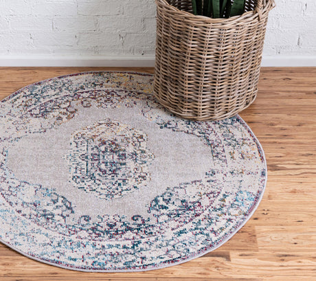 Gray 7' 1 x 7' 1 Charm Round Area Rug 100% Polypropylene With Jute Backing Traditional Vintage Distressed Look Carpet for Living Rooms Dining Office Space for Sale at Rug Engine