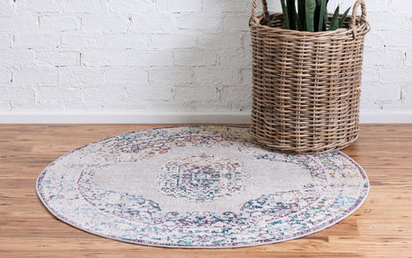 Gray 4' 1 x 4' 1 Charm Round Area Rug 100% Polypropylene With Jute Backing Traditional Vintage Distressed Look Carpet for Living Rooms Dining Office Space for Sale at Rug Engine