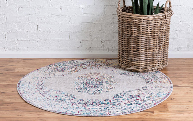 Gray 4' 1 x 4' 1 Charm Round Area Rug 100% Polypropylene With Jute Backing Traditional Vintage Distressed Look Carpet for Living Rooms Dining Office Space for Sale at Rug Engine