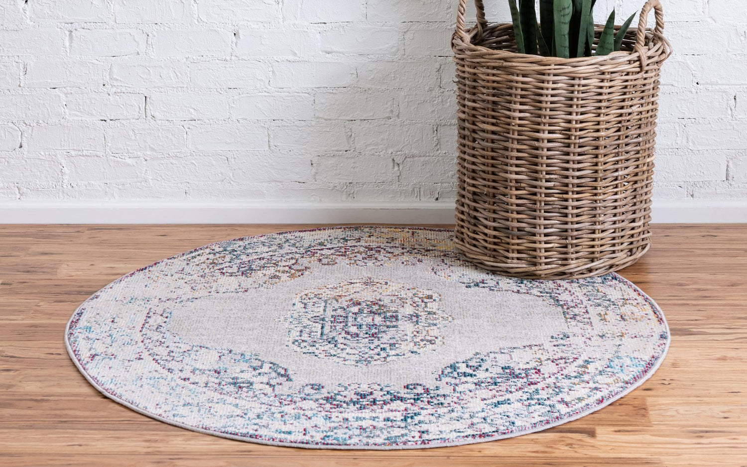 Gray 7' 1 x 7' 1 Charm Round Area Rug 100% Polypropylene With Jute Backing Traditional Vintage Distressed Look Carpet for Living Rooms Dining Office Space for Sale at Rug Engine