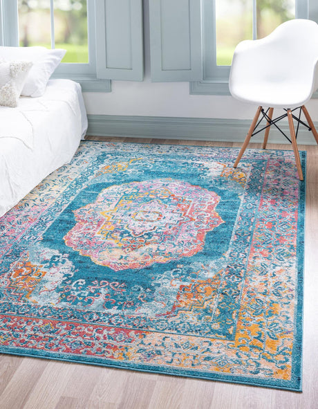 Turquoise 8' x 10' Charm Rectangle Area Rug 100% Polypropylene With Jute Backing Traditional Vintage Distressed Look Carpet for Living Rooms Dining Office Space for Sale at Rug Engine