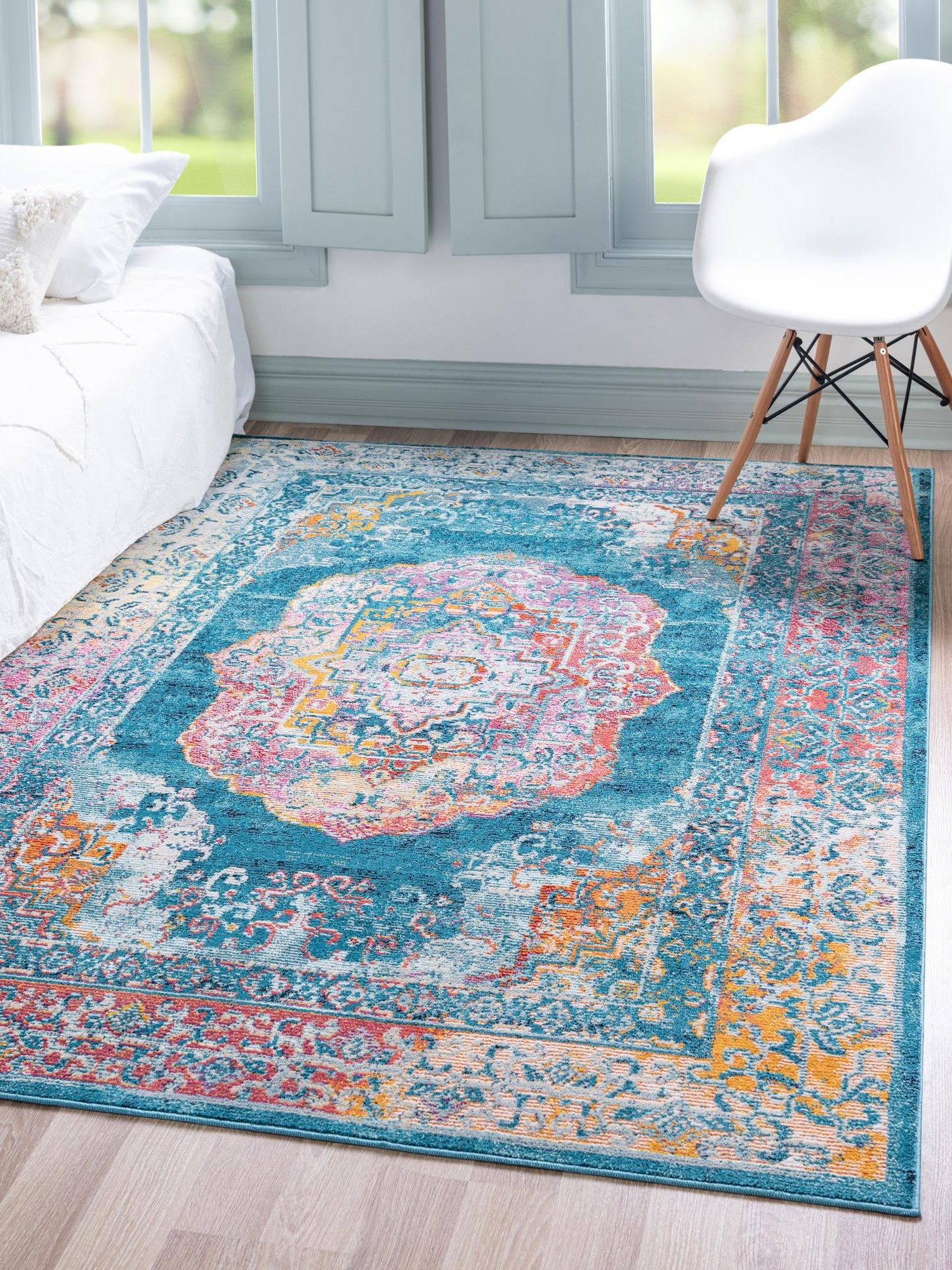 Turquoise 5' 1 x 8' Charm Rectangle Area Rug 100% Polypropylene With Jute Backing Traditional Vintage Distressed Look Carpet for Living Rooms Dining Office Space for Sale at Rug Engine