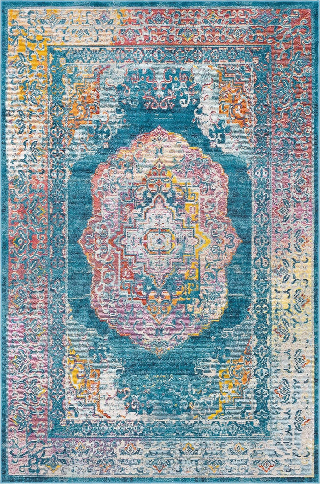Turquoise 5' 1 x 8' Charm Rectangle Area Rug 100% Polypropylene With Jute Backing Traditional Vintage Distressed Look Carpet for Living Rooms Dining Office Space for Sale at Rug Engine
