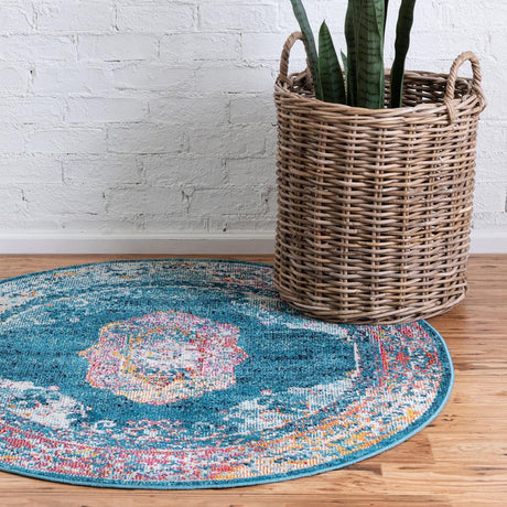 Turquoise 4' 1 x 4' 1 Charm Round Area Rug 100% Polypropylene With Jute Backing Traditional Vintage Distressed Look Carpet for Living Rooms Dining Office Space for Sale at Rug Engine