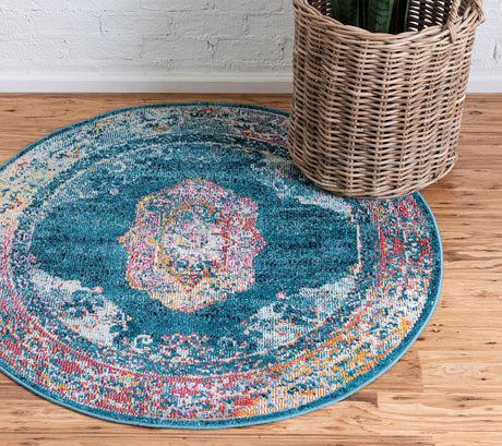 Turquoise 4' 1 x 4' 1 Charm Round Area Rug 100% Polypropylene With Jute Backing Traditional Vintage Distressed Look Carpet for Living Rooms Dining Office Space for Sale at Rug Engine
