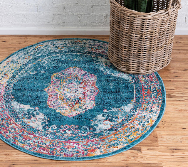 Turquoise 5' 3 x 5' 3 Charm Round Area Rug 100% Polypropylene With Jute Backing Traditional Vintage Distressed Look Carpet for Living Rooms Dining Office Space for Sale at Rug Engine