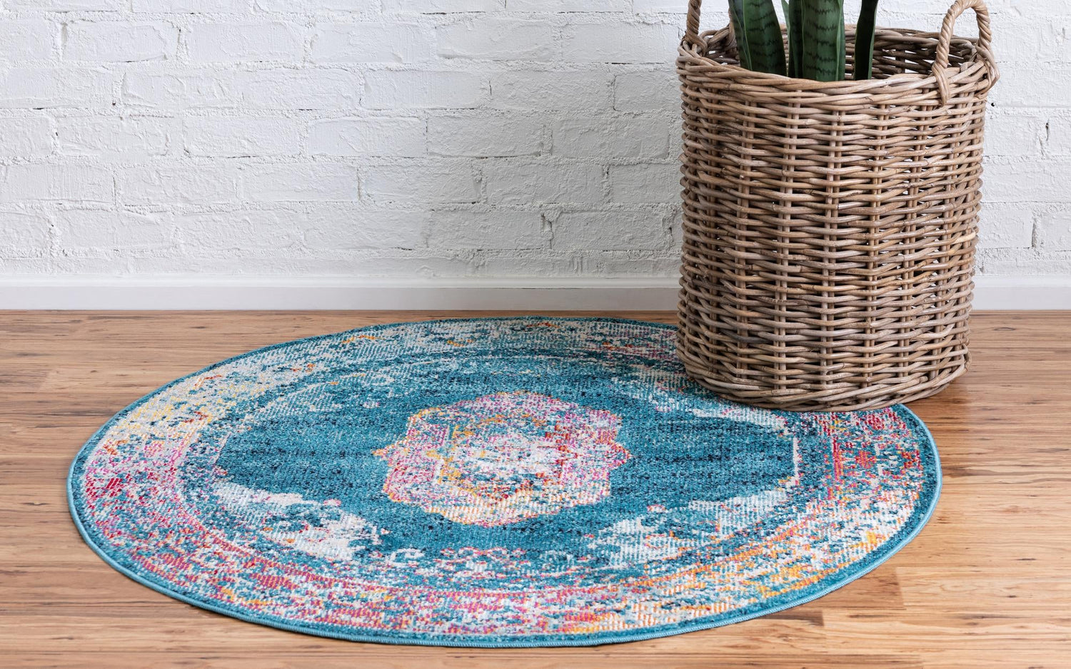 Turquoise 5' 3 x 5' 3 Charm Round Area Rug 100% Polypropylene With Jute Backing Traditional Vintage Distressed Look Carpet for Living Rooms Dining Office Space for Sale at Rug Engine