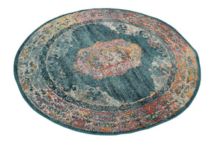 Turquoise 4' 1 x 4' 1 Charm Round Area Rug 100% Polypropylene With Jute Backing Traditional Vintage Distressed Look Carpet for Living Rooms Dining Office Space for Sale at Rug Engine