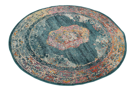 Turquoise 4' 1 x 4' 1 Charm Round Area Rug 100% Polypropylene With Jute Backing Traditional Vintage Distressed Look Carpet for Living Rooms Dining Office Space for Sale at Rug Engine