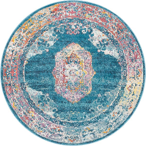 Turquoise 4' 1 x 4' 1 Charm Round Area Rug 100% Polypropylene With Jute Backing Traditional Vintage Distressed Look Carpet for Living Rooms Dining Office Space for Sale at Rug Engine