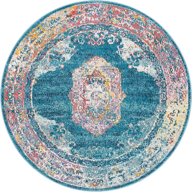 Turquoise 4' 1 x 4' 1 Charm Round Area Rug 100% Polypropylene With Jute Backing Traditional Vintage Distressed Look Carpet for Living Rooms Dining Office Space for Sale at Rug Engine