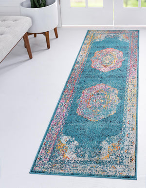Turquoise 3' x 10' Charm Runner Area Rug 100% Polypropylene With Jute Backing Traditional Vintage Distressed Look Carpet for Living Rooms Dining Office Space for Sale at Rug Engine