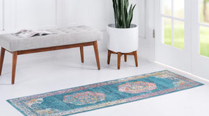 Turquoise 3' x 10' Charm Runner Area Rug 100% Polypropylene With Jute Backing Traditional Vintage Distressed Look Carpet for Living Rooms Dining Office Space for Sale at Rug Engine