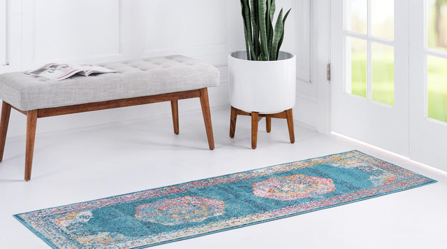 Turquoise 2' 7 x 13' 1 Charm Runner Area Rug 100% Polypropylene With Jute Backing Traditional Vintage Distressed Look Carpet for Living Rooms Dining Office Space for Sale at Rug Engine