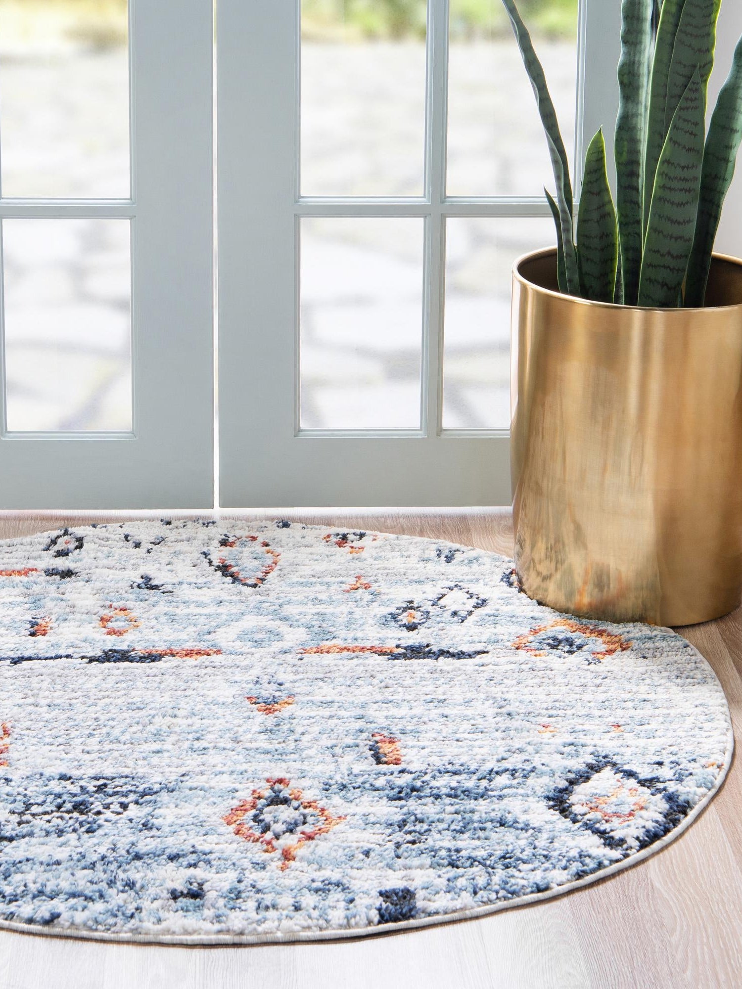 Light Blue 4' 1 x 4' 1 Morocco Round Area Rug 100% Polyester Traditional Classic Carpet for Moroccan Inspired Interior Design Home Decor for Sale at Rug Engine