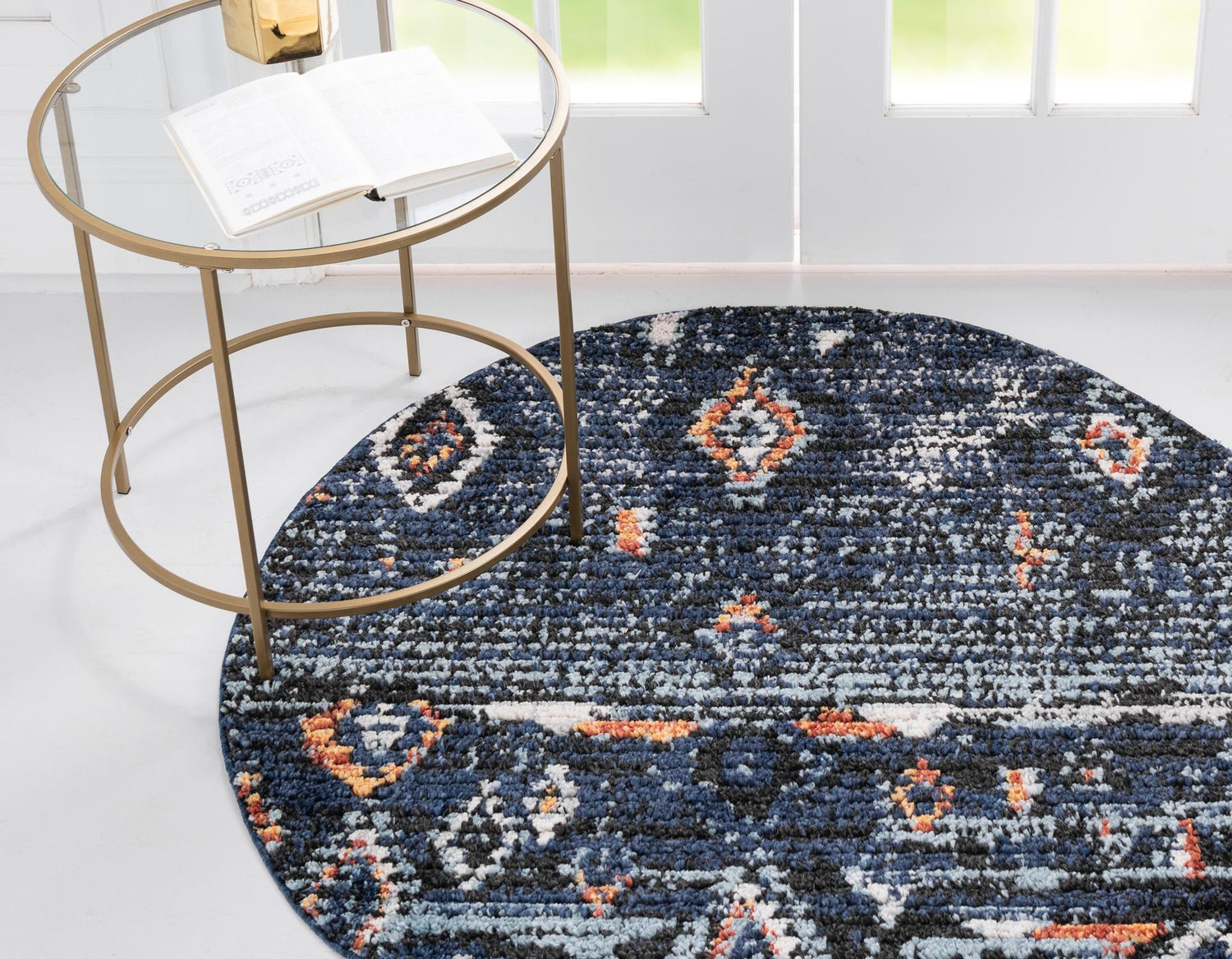 Navy Blue 4' 1 x 4' 1 Morocco Round Area Rug 100% Polyester Traditional Classic Carpet for Moroccan Inspired Interior Design Home Decor for Sale at Rug Engine