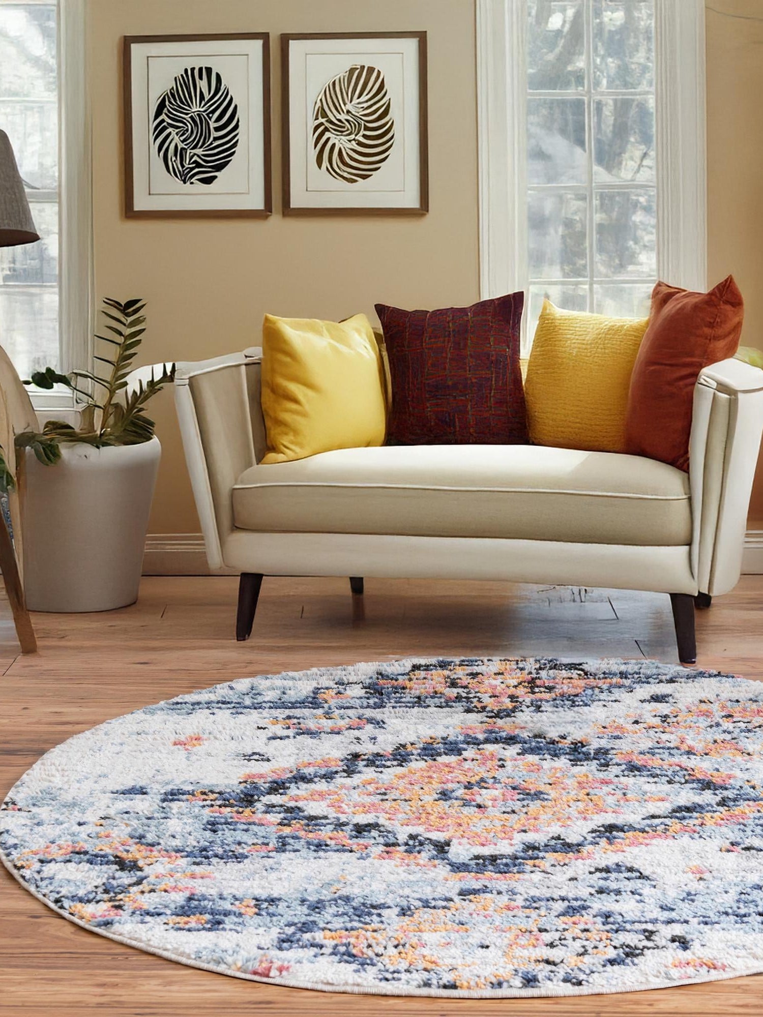 Ivory 7' x 7' Morocco Round Area Rug 100% Polyester Traditional Classic Carpet for Moroccan Inspired Interior Design Home Decor for Sale at Rug Engine