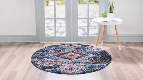 Navy Blue 7' x 7' Morocco Round Area Rug 100% Polyester Traditional Classic Carpet for Moroccan Inspired Interior Design Home Decor for Sale at Rug Engine