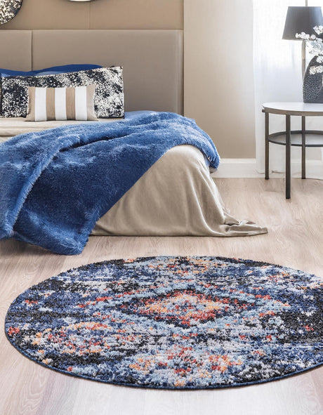 Navy Blue 7' x 7' Morocco Round Area Rug 100% Polyester Traditional Classic Carpet for Moroccan Inspired Interior Design Home Decor for Sale at Rug Engine