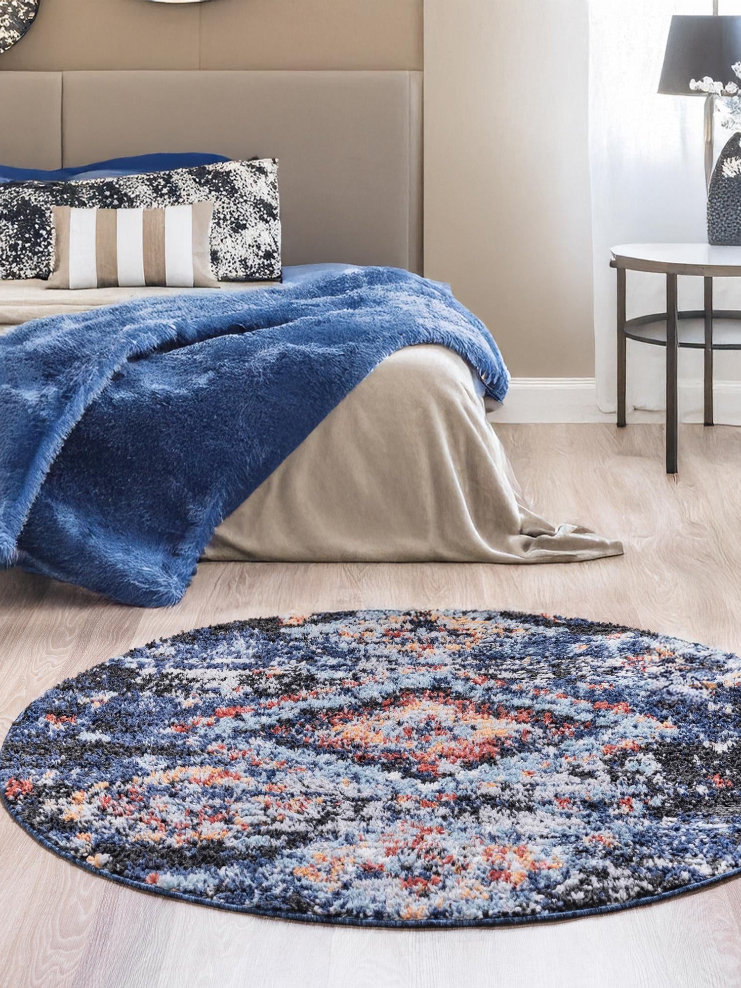 Navy Blue 4' 1 x 4' 1 Morocco Round Area Rug 100% Polyester Traditional Classic Carpet for Moroccan Inspired Interior Design Home Decor for Sale at Rug Engine