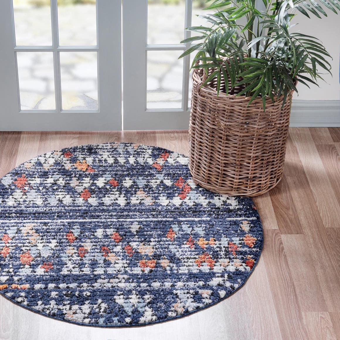 Navy Blue 4' 1 x 4' 1 Morocco Round Area Rug 100% Polyester Traditional Classic Carpet for Moroccan Inspired Interior Design Home Decor for Sale at Rug Engine